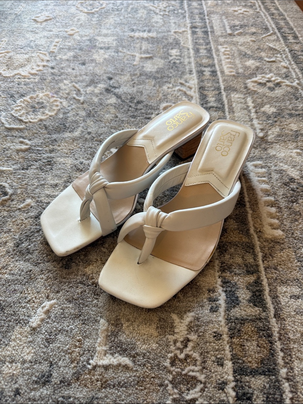 Franco Sarto White Knotted Thong Block Heel Sandals